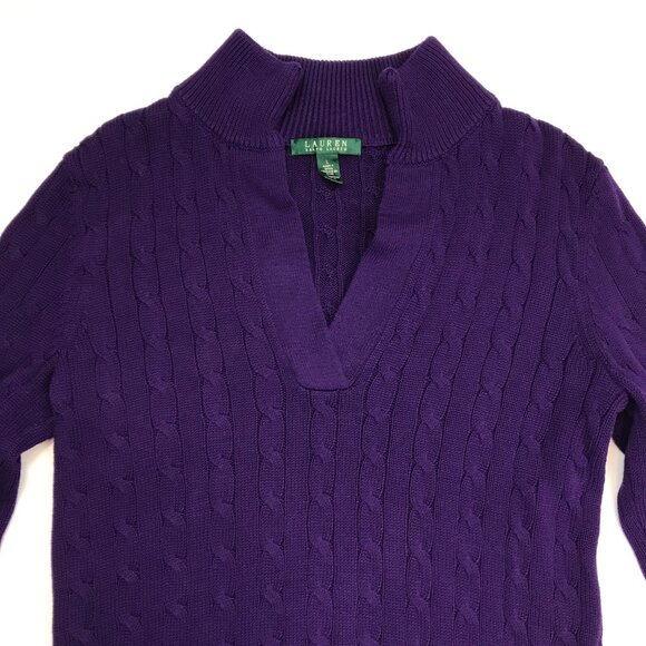 LAUREN RALPH LAUREN Purple Cotton LARGE Cable V-Mock Sweater - Picture 3 of 6